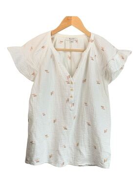 Madewell 100% Cotton White V-neck Buttoned Short Sleeve Top